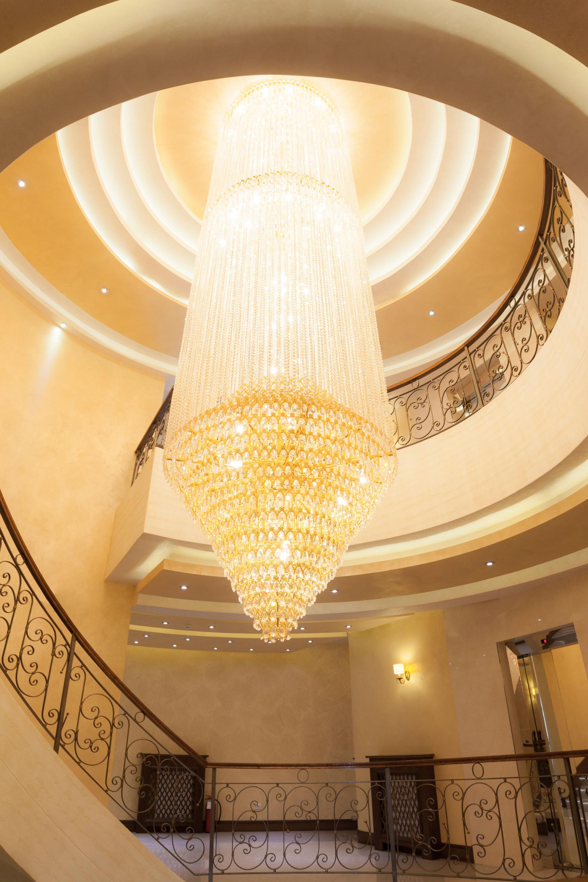 Large long chandelier in center of building