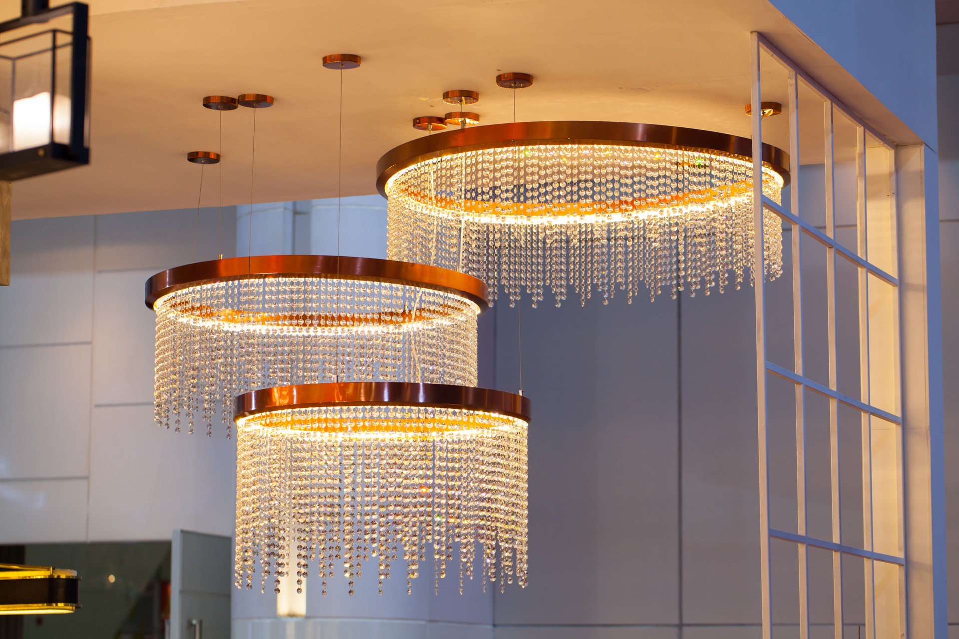 Beautiful chandelier. luxury expensive chandelier hanging under ceiling